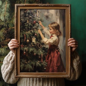 Decorating Christmas Tree | Winter Home Decor, Snowy Wall Art, Vintage Cottagecore Decor, Christmas Prints, Antique Oil Painting Aesthetic