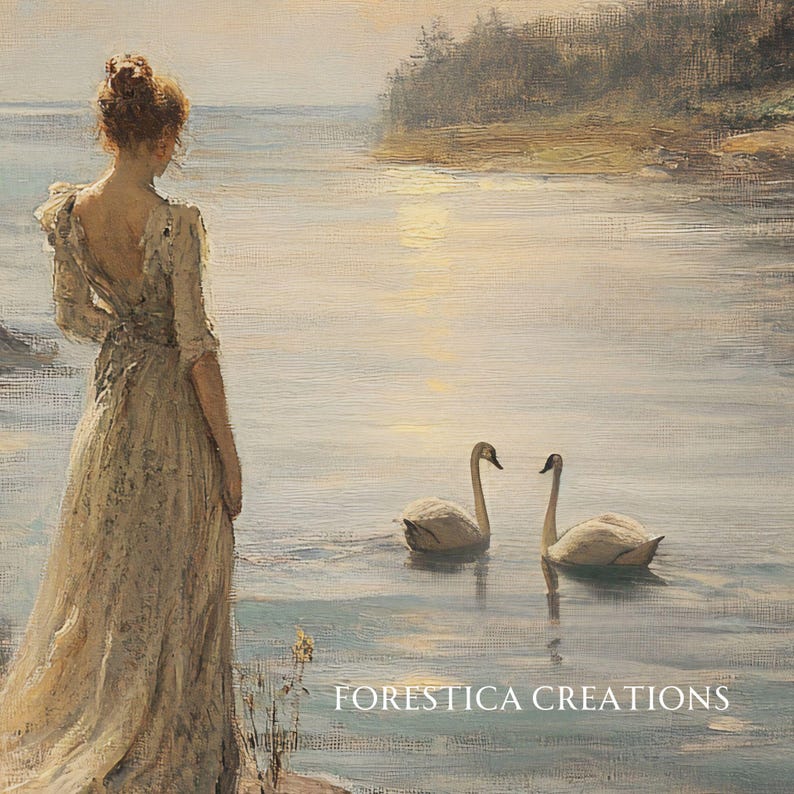 May include: A woman in a white dress stands on a lakeshore, looking out at two white swans swimming in the water. The water is calm and the sky is a soft blue. The scene is peaceful and serene.