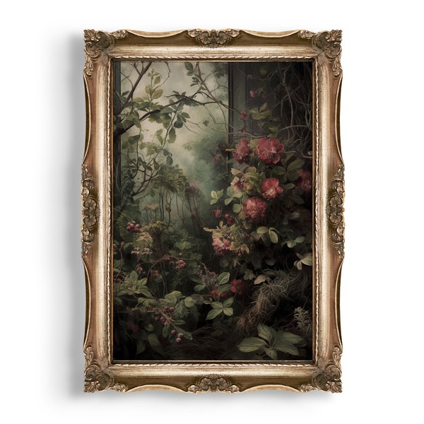 Secret Garden | Dark Cottagecore, Dark Academia Art, Vintage Floral Painting, Botanical Prints, Witch Room Decor, Dark Green Aesthetic