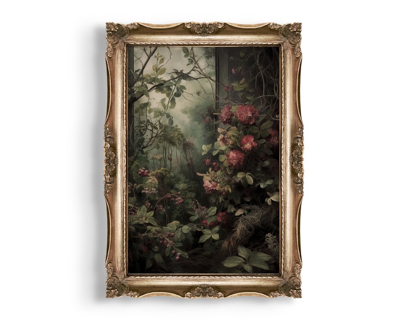 Secret Garden | Dark Cottagecore, Dark Academia Art, Vintage Floral Painting, Botanical Prints, Witch Room Decor, Dark Green Aesthetic image 6