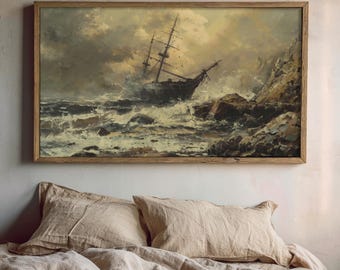 Shipwreck | Dark Academia Print, Antique Painting Aesthetic, Coastal Wall Art, Moody Nautical Wall Decor, Vintage Study Room Decor