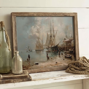 Seaside print with a vintage fine art allure, offering a historical ambiance as antique bathroom art.