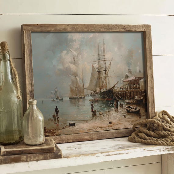 Sea Port | Antique Painting Aesthetic, Dark Academia Print, Vintage Study Room Decor, Coastal Wall Art, Moody Nautical Wall Decor, Sea Dock