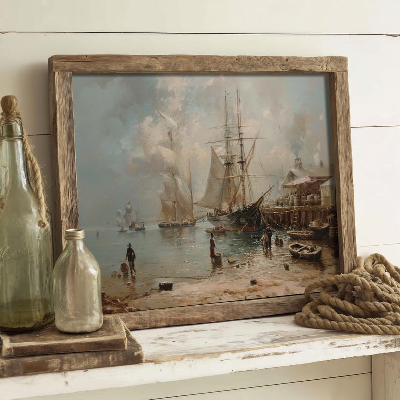 Seaside print with a vintage fine art allure, offering a historical ambiance as antique bathroom art.