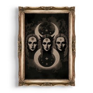 The Triple Moon Goddess | Wiccan Antique Painting Download, Witchy Academia Print, Wiccan Wall Decor, Dark Cottagecore Aesthetic