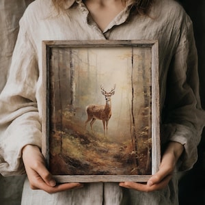 Warm-toned digital deer print with a vintage oil texture, suited for rustic interiors, cozy bedrooms, and dark academia or cottagecore home styling.