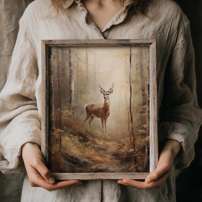 Warm-toned digital deer print with a vintage oil texture, suited for rustic interiors, cozy bedrooms, and dark academia or cottagecore home styling.