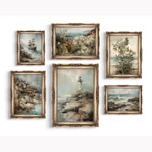 Set of 6 Coastal Landscape Prints | Nautical Gallery Wall Set, Seascape Decor, Antique Oil Painting Printable, Vintage Beach House Wall Art
