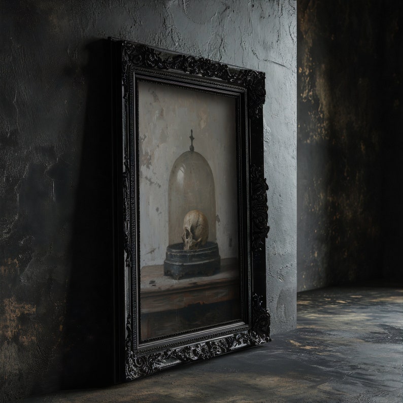 Moody wall art print featuring a macabre still life scene, perfect for adding a gothic touch to interiors.