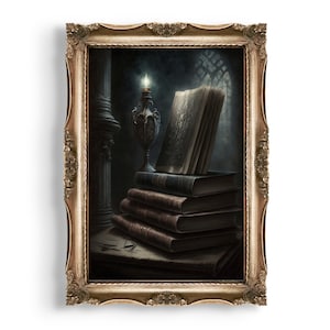 May include: A framed painting of a stack of old books with a lit candle in a silver candlestick. The books are arranged in a pile with the top book open and the pages fanned out. The painting is set in a dark, mysterious room with a window in the background.