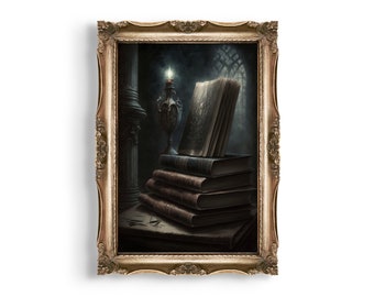 Gothic Library Interior | Goth Vintage Books Wall Art, Bookish Oil Painting Print, Dark Academia Decor, Antique Victorian Witchy Room Decor