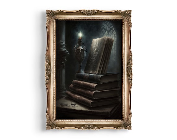 Gothic Library Interior | Goth Vintage Books Wall Art, Bookish Oil Painting Print, Dark Academia Decor, Antique Victorian Witchy Room Decor