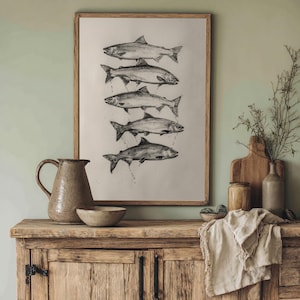 Lachs Skizze | Fisch Karte Bleistift Zeichnung, Vintage Strand Haus Dekor, Ocean Life Print, Nautische Wandkunst, Küsten Ästhetik, minimalistische Kunst