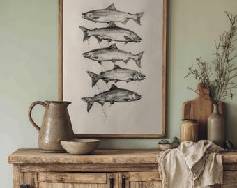 Salmon Sketch | Fish Chart Pencil Drawing, Vintage Beach House Decor, Ocean Life Print, Nautical Wall Art, Coastal Aesthetic, Minimalist Art
