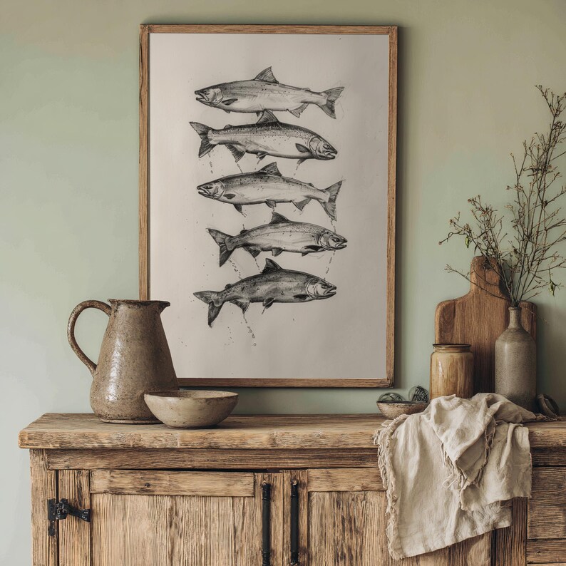 Minimalist pencil sketch art of salmon suitable for a scholarly or coastal themed setting.
