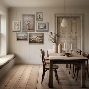 A gallery wall set of six vintage-inspired prints, depicting nature-themed artwork in a neutral palette. The collection includes a still life of flowers, a windmill sketch, two landscapes, a classic tapestry art print, and a moody meadow scene.