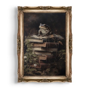 Toad & Books | Dark Academia Print, Green Witch Home Decor, Vintage Botanical Decor, Dark Moody Painting, Witchy Wall Art, Cottagecore Art