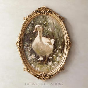 A goose oil painting print with a vintage aesthetic featuring soft sage green tones and wildflowers, perfect for cottagecore wall art and spring home decor.