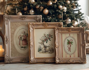 Set of 3 Vintage Christmas Wall Art | Holiday Deer, Santa & Candy Cane Prints | Rustic Christmas Home Decor Bundle