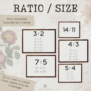 May include: A graphic showing five different aspect ratios for digital downloads, with the text "RATIO / SIZE" at the top. The ratios are 3:2, 7:5, 4:3, 5:4, and 14:11. Each ratio is displayed with a list of common print sizes in inches.