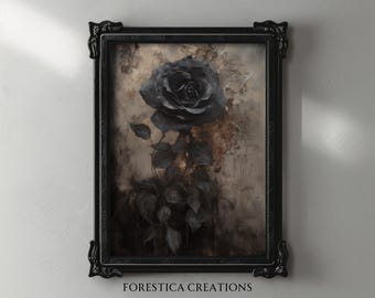 Vintage Black Rose | Dark Cottagecore Aesthetic, Antique Oil Painting Print, Dark Academia, Botanical Decor, Floral Wall Art, Whimsigoth Art