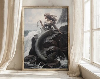Mermaid | Dark Academia Decor, Vintage Siren Art, Moody Antique Art, Nautical Wall Art, Oil Painting Print, Coastal & Ocean Aesthetic
