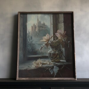 Dark cottagecore print showcasing a Victorian still life of flowers in a vase against a window overlooking a distant castle, ideal for gothic home decor.