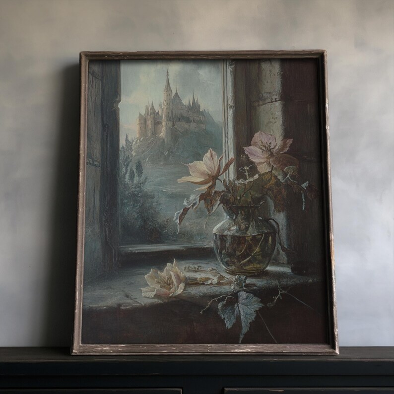 Dark cottagecore print showcasing a Victorian still life of flowers in a vase against a window overlooking a distant castle, ideal for gothic home decor.