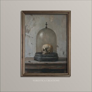 Gothic decor print, presenting a memento mori theme through a skull in a glass cloche, with a vintage ambiance.