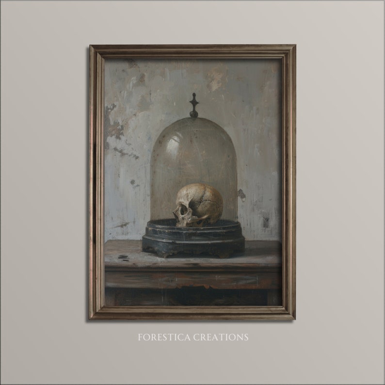 Gothic decor print, presenting a memento mori theme through a skull in a glass cloche, with a vintage ambiance.