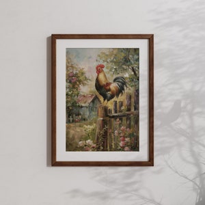 Cottagecore decor print of a rooster on a barn fence, enhancing any gallery wall or rustic farmhouse setting.