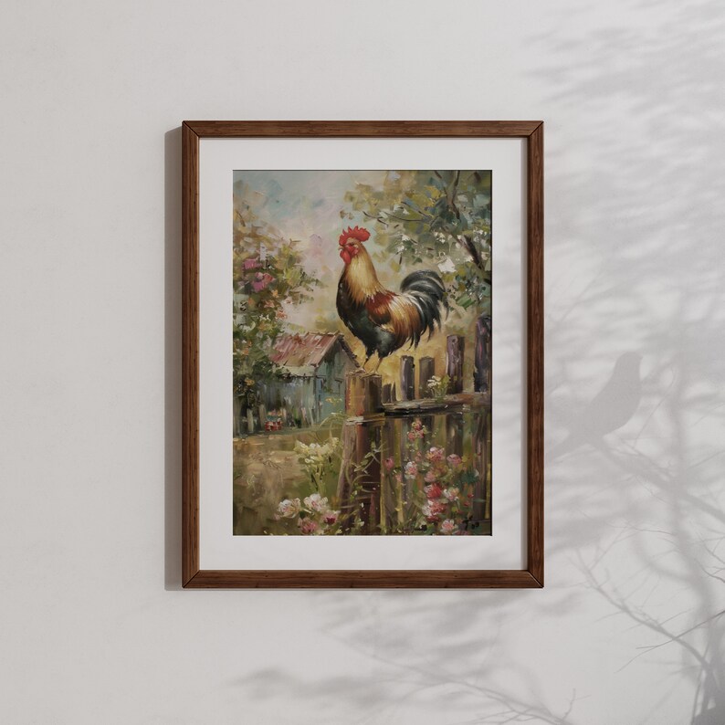 Cottagecore decor print of a rooster on a barn fence, enhancing any gallery wall or rustic farmhouse setting.