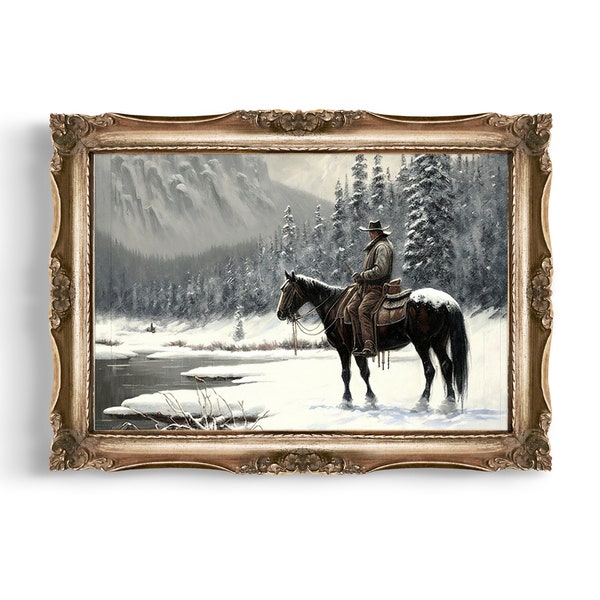 Winter Horseman | Old Western Wall Decor, Farmhouse Aesthetic, Snowy Landscape Painting, Christmas Wall Print, Wild West Moody Wall Art