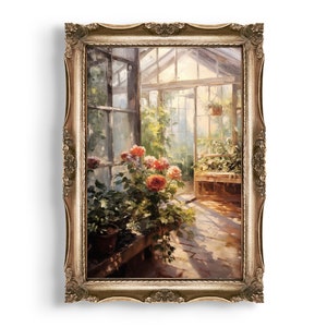 May include: A painting of a greenhouse interior with a wooden bench and a window. The greenhouse is filled with lush green plants and vibrant orange flowers. Sunlight streams through the glass roof, casting a warm glow on the scene.