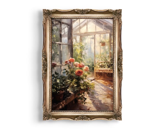 Summer Greenhouse | Cottagecore Wall Art, Botanical Prints, Victorian Decor, Light Academia Decor, Green Witch Art, Moody Floral Artwork