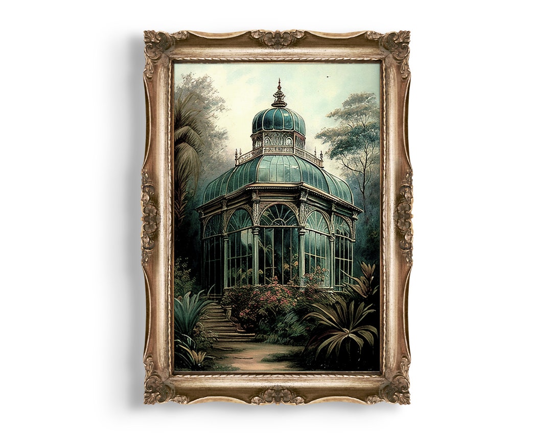 Victorian Conservatory Antique Oil Painting Print, Dark Cottagecore
