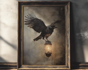 Flying Crow | Dark Academia Prints, Gothic Oil Painting Printable, Witchy Room Decor, Goth Wall Art, Dark Moody Decor, Dark Cottagecore
