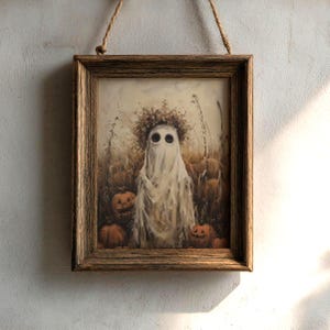 フィールドゴースト | ハロウィンプリント、不気味なウォールアート、秋のホームデコレーション、油絵の美学、幽霊カボチャのアートワーク、幽霊アートプリント 画像 1