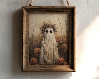 Fältspöke | Halloween-tryck, kuslig väggkonst, höstinredning, oljemålningsestetik, hemsökt pumpakonstverk, spöklikt konsttryck