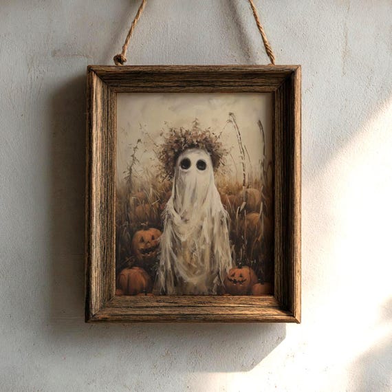 Field Ghost | Halloween Prints, Spooky Wall Art, Fall Home Decor, Oil Painting Aesthetic, Haunted Pumpkin Artwork, Ghostly Art Print