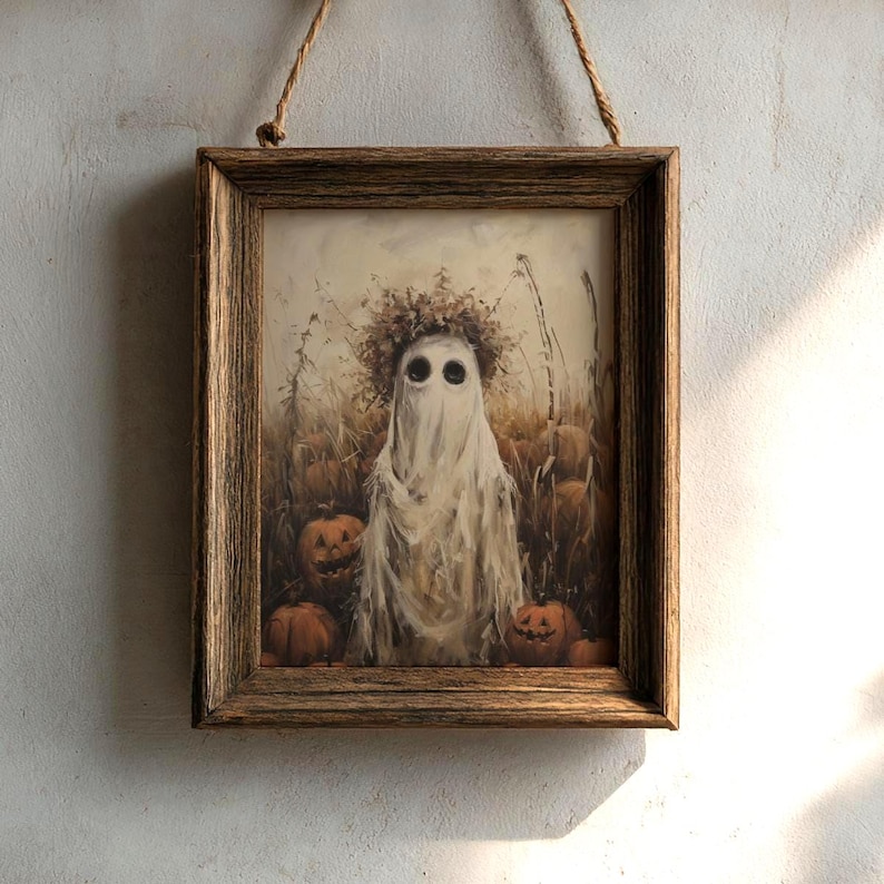 フィールドゴースト | ハロウィンプリント、不気味なウォールアート、秋のホームデコレーション、油絵の美学、幽霊カボチャのアートワーク、幽霊アートプリント 画像 1