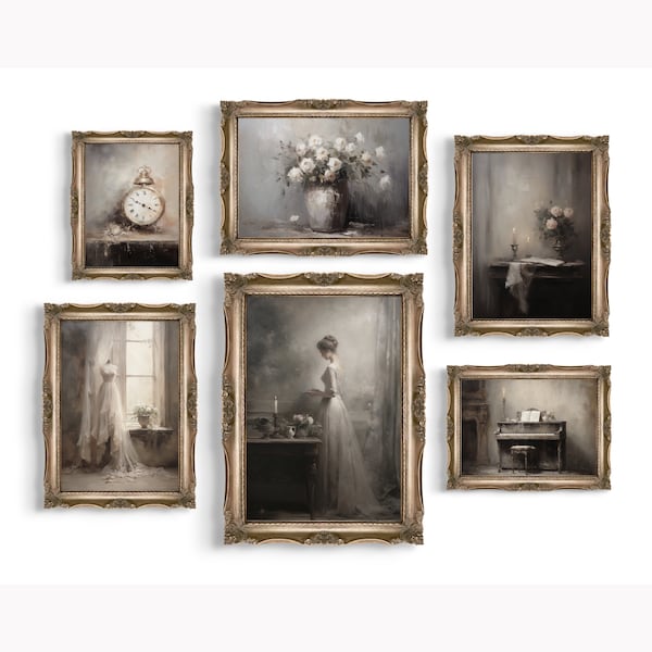 Lot de 6 tirages Light Academia | Art romantique, ensemble mural de galerie, esthétique victorienne, décoration maximaliste, art mural de mauvaise humeur, ensemble de galerie vintage