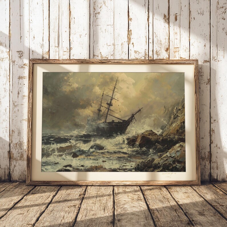 Dark moody print of an antique oil painting depicting a shipwreck against stormy seas and rocky shores, ideal for dark academia decor.