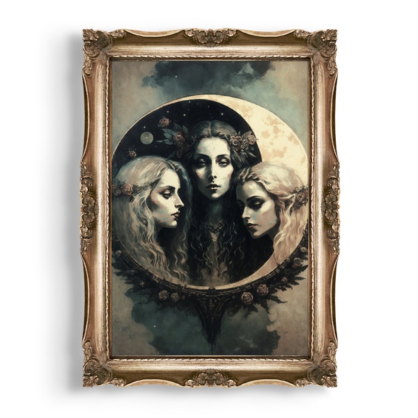 The Triple Goddess | Wiccan Antique Painting Download, Witchy Academia Print, Wiccan Wall Decor, Dark Cottagecore Aesthetic, Moon Goddess