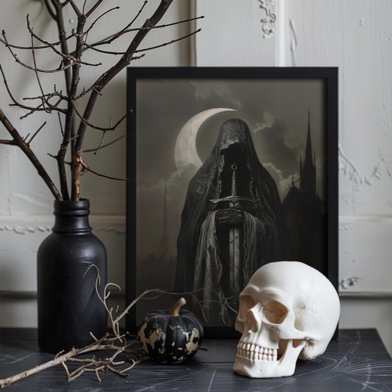 Dark fantasy artwork of a mysterious cloaked monk, great for dark medieval art and horror art collections.