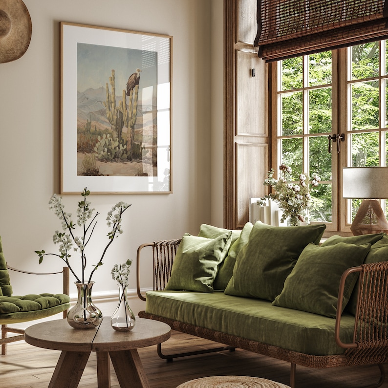 Southwest wall art showcasing a vulture on a cactus, highlighting the beauty of the desert and vintage desert flora.