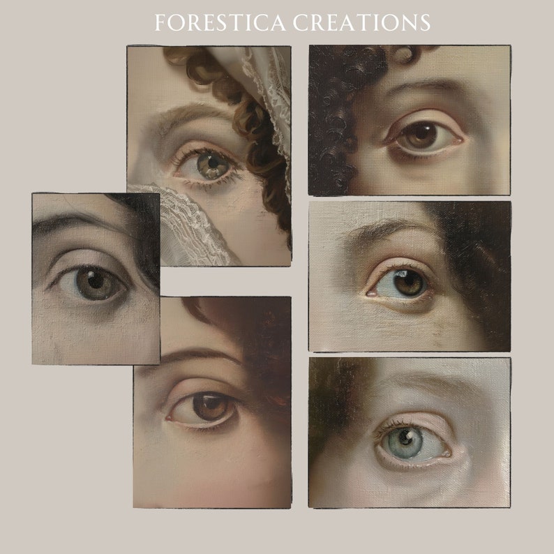 Vintage eye painting gallery wall, with each print revealing a singular, expressive eye in a dark, ornate frame.