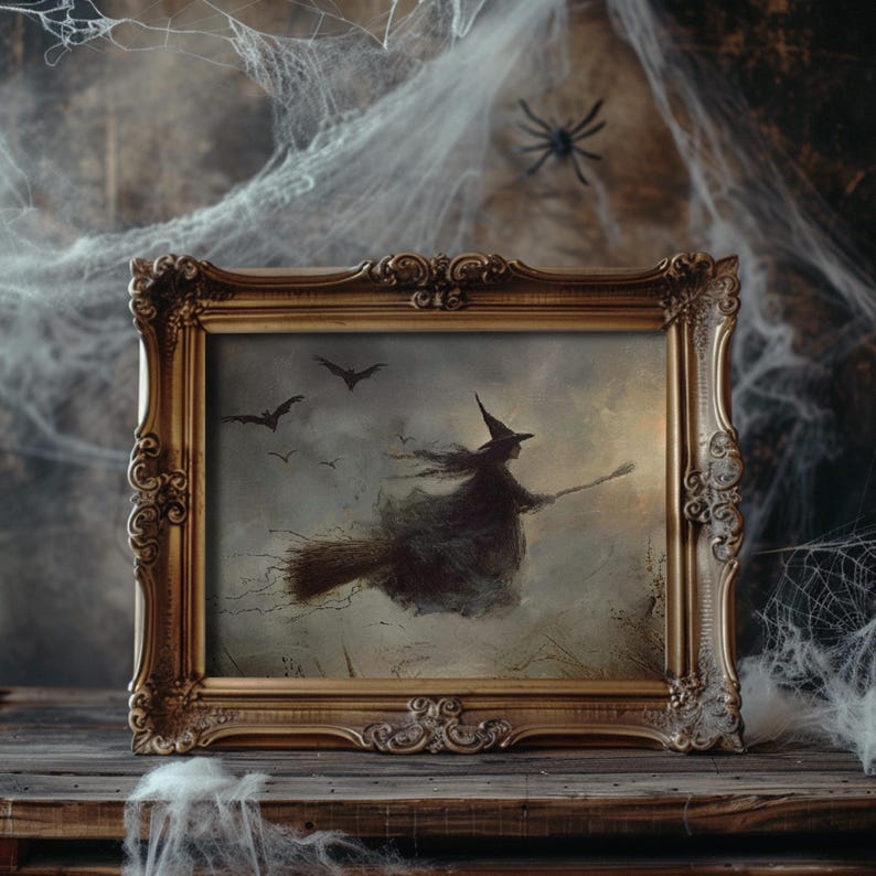 Witch painting with a dark, mysterious atmosphere, perfect for lovers of spooky art and witch-themed decorations.