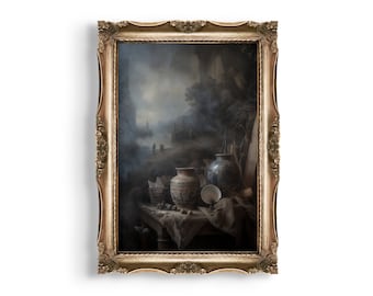 Dark Moody Still Life | Dark Academia Decor, Gothic Home Decor, Goth Wall Art, Antique Oil Painting Print, Vintage Aesthetic, Nostalgic Art
