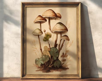 Boho Mushrooms | Cottagecore Decor, Witchy Wall Art, Goblincore Aesthetic Oil Painting, Moody Vintage Print, Botanical Decor, Fairycore Art